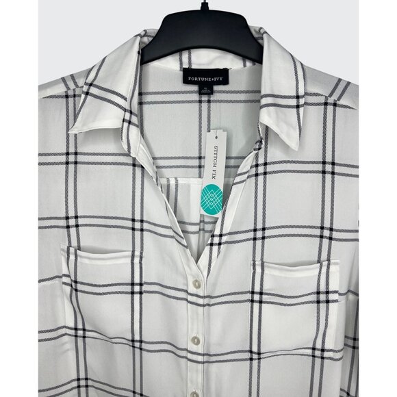 FORTUNE + IVY Christelle White & Black Plaid Button Down Blouse 3/4 Sleeve XL - Picture 4 of 16